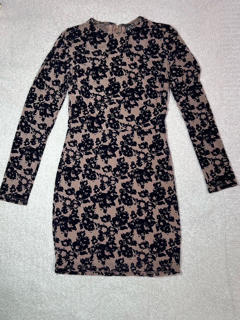 Windsor Taupe and Black Long Sleeve Floral Sheath Dress